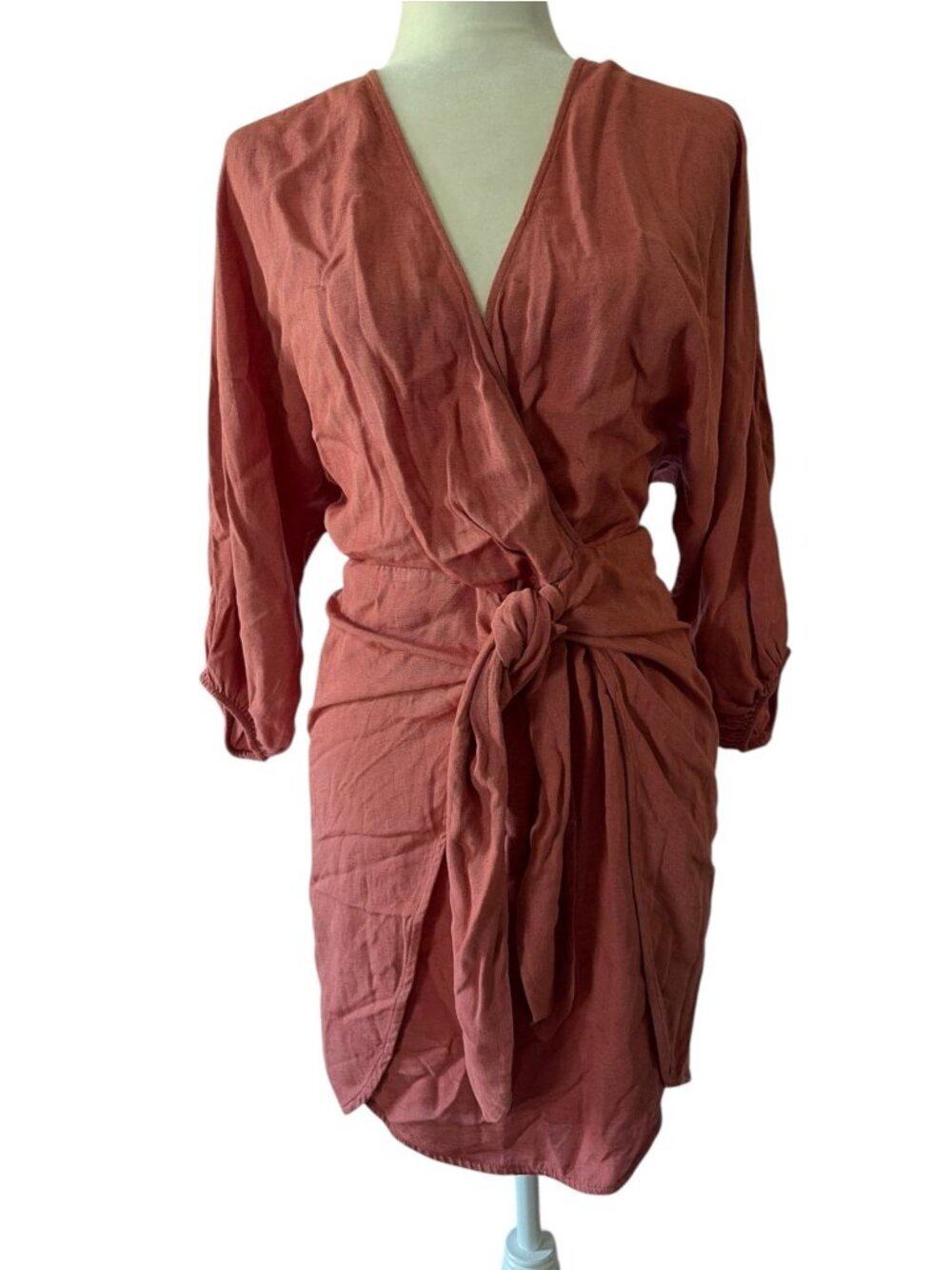 Anthropologie Linen Blend Pink Wrap Dress Open Back Date Night Cocktail Hour SZ